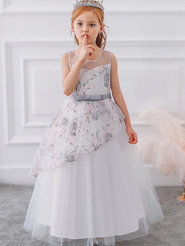 Gorgeous Sleeveless Ball Gown Flower Girl Dress with Tulle Sash Ribbon and Embroidered Bow-BallBride