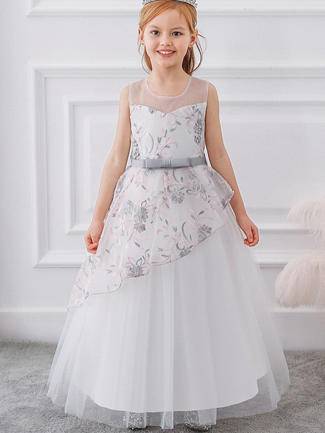 Gorgeous Sleeveless Ball Gown Flower Girl Dress with Tulle Sash Ribbon and Embroidered Bow-BallBride