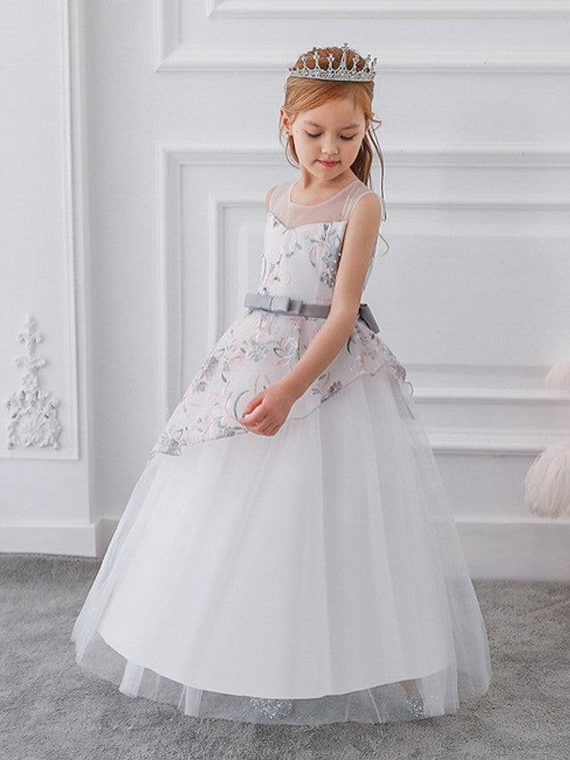 Gorgeous Sleeveless Ball Gown Flower Girl Dress with Tulle Sash Ribbon and Embroidered Bow-BallBride