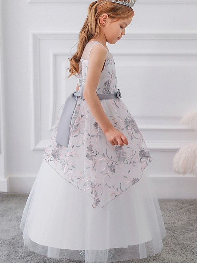 Gorgeous Sleeveless Ball Gown Flower Girl Dress with Tulle Sash Ribbon and Embroidered Bow-BallBride