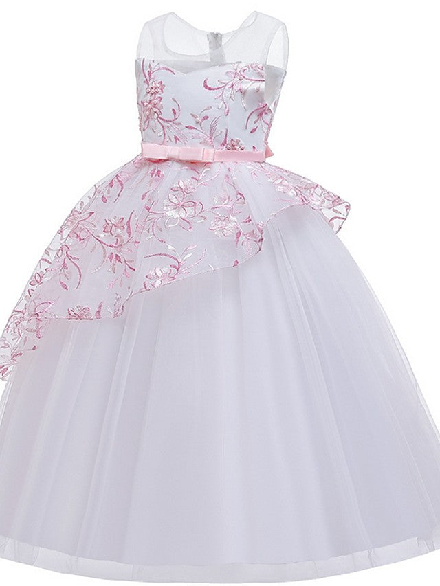 Gorgeous Sleeveless Ball Gown Flower Girl Dress with Tulle Sash Ribbon and Embroidered Bow-BallBride