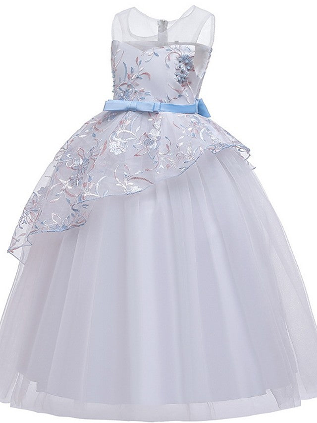 Gorgeous Sleeveless Ball Gown Flower Girl Dress with Tulle Sash Ribbon and Embroidered Bow-BallBride
