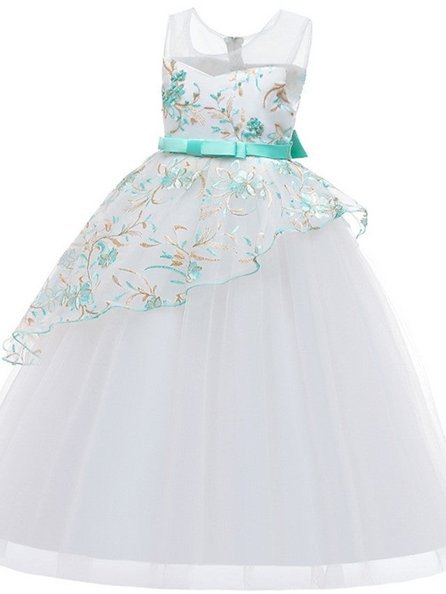 Gorgeous Sleeveless Ball Gown Flower Girl Dress with Tulle Sash Ribbon and Embroidered Bow-BallBride