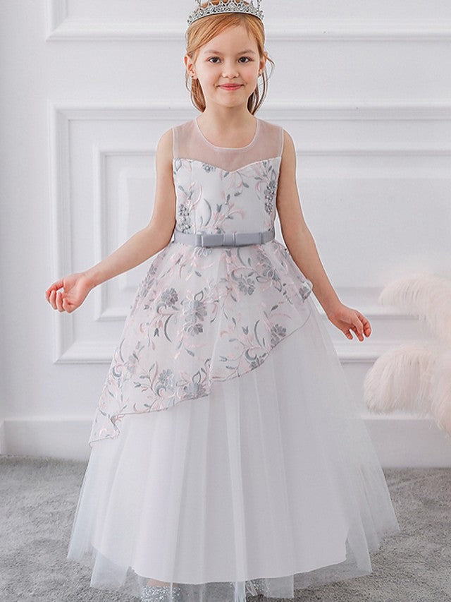 Gorgeous Sleeveless Ball Gown Flower Girl Dress with Tulle Sash Ribbon and Embroidered Bow-BallBride