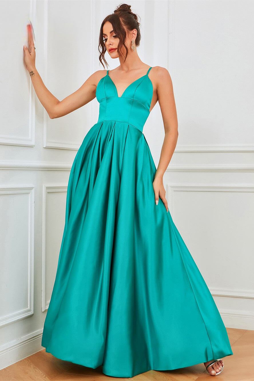 Gorgeous Sleeveless Evening Dress with Spaghetti-Straps, Long Slit, and Pockets-BallBride
