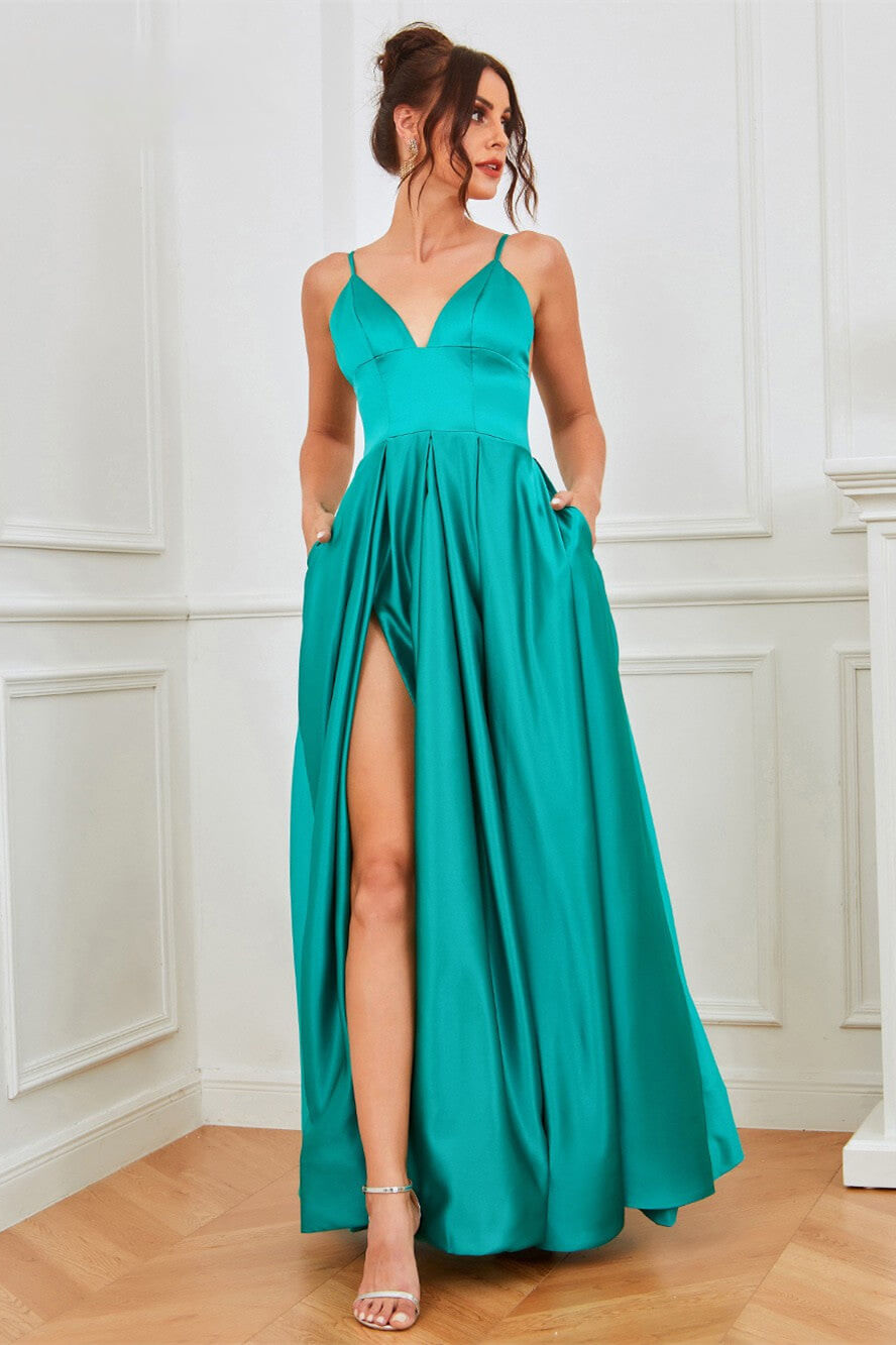Gorgeous Sleeveless Evening Dress with Spaghetti-Straps, Long Slit, and Pockets-BallBride