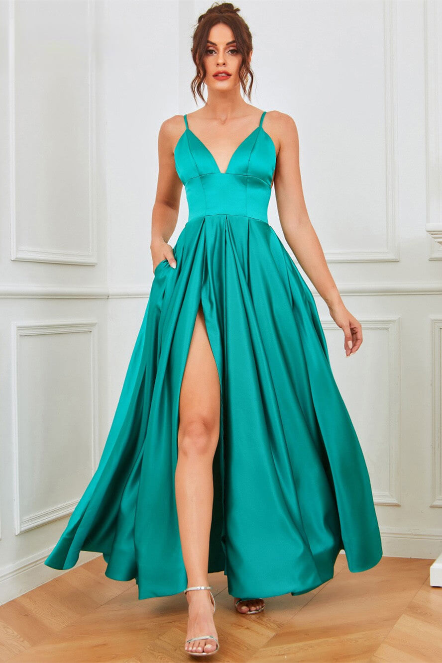 Gorgeous Sleeveless Evening Dress with Spaghetti-Straps, Long Slit, and Pockets-BallBride