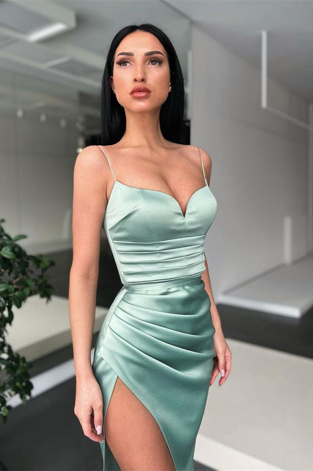 Gorgeous Spaghetti-Straps Dusty Sage Mermaid Prom Dress with Slit-BallBride