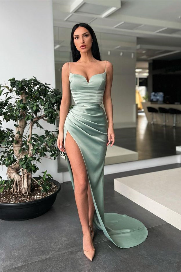 Gorgeous Spaghetti-Straps Dusty Sage Mermaid Prom Dress with Slit-BallBride