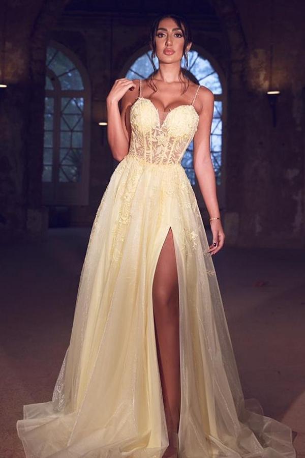 Gorgeous Spaghetti-Straps Long Prom Dress with Lace Appliques and Slit-BallBride