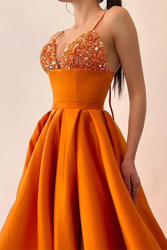 Gorgeous Spaghetti-Straps Orange Evening Dress Sequins Mermaid With Slit-BallBride