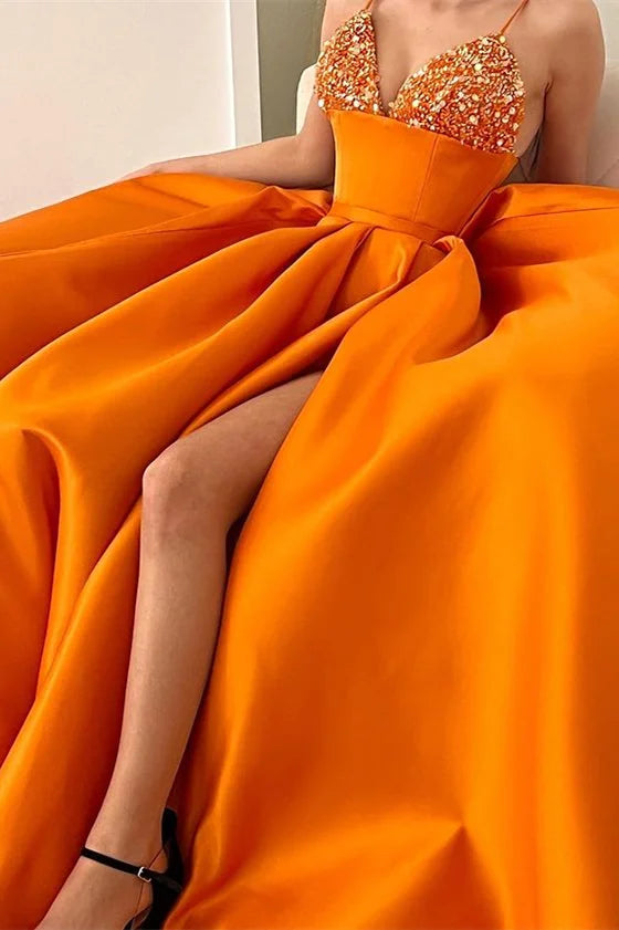 Gorgeous Spaghetti-Straps Orange Evening Dress Sequins Mermaid With Slit-BallBride
