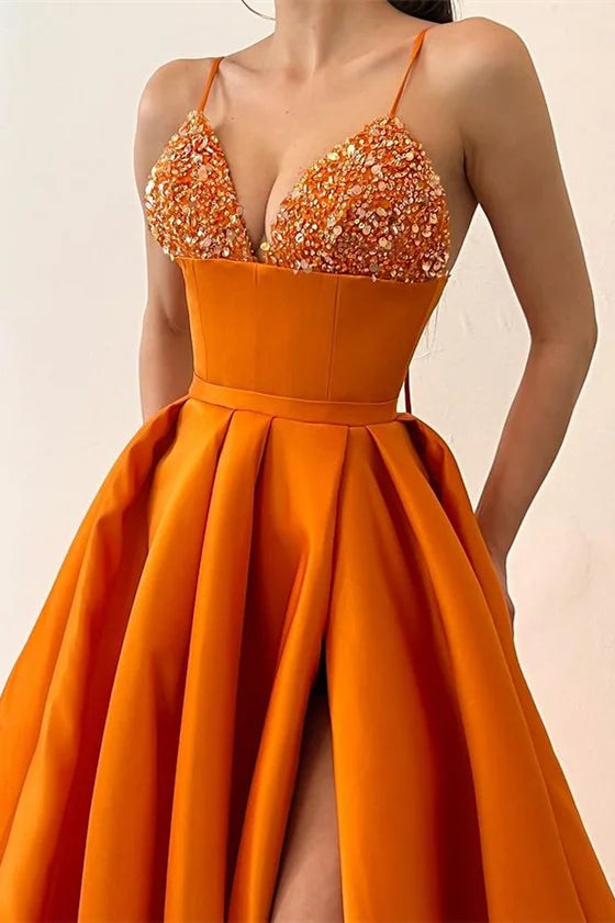 Gorgeous Spaghetti-Straps Orange Evening Dress Sequins Mermaid With Slit-BallBride