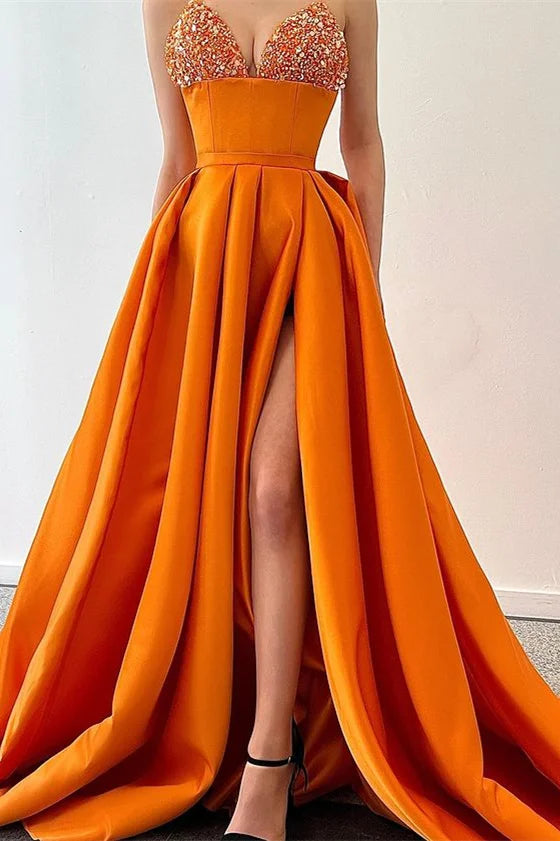 Gorgeous Spaghetti-Straps Orange Evening Dress Sequins Mermaid With Slit-BallBride