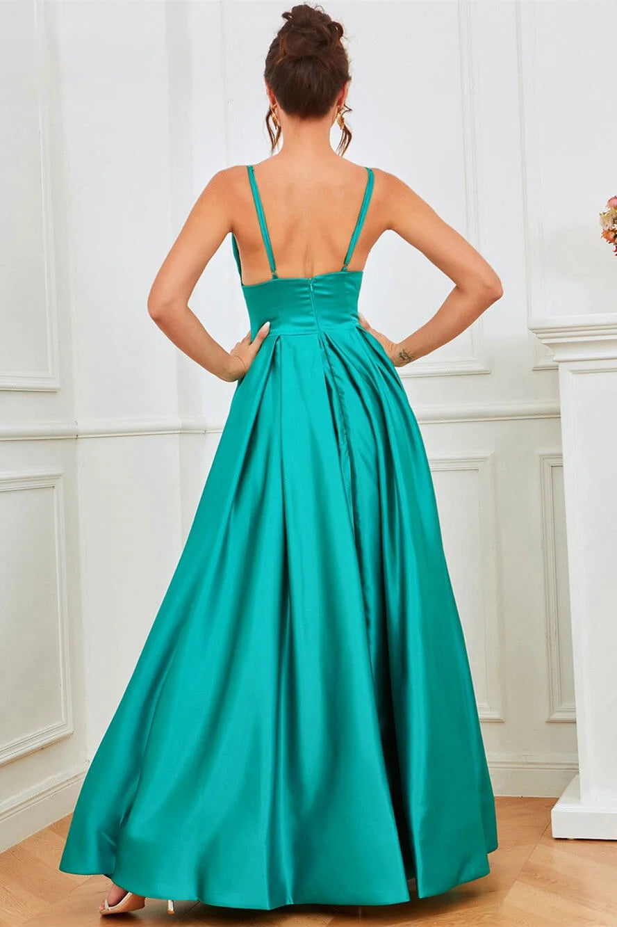 Gorgeous Spaghetti-Straps Sleeveless Evening Dress Long Slit With Pockets-BallBride