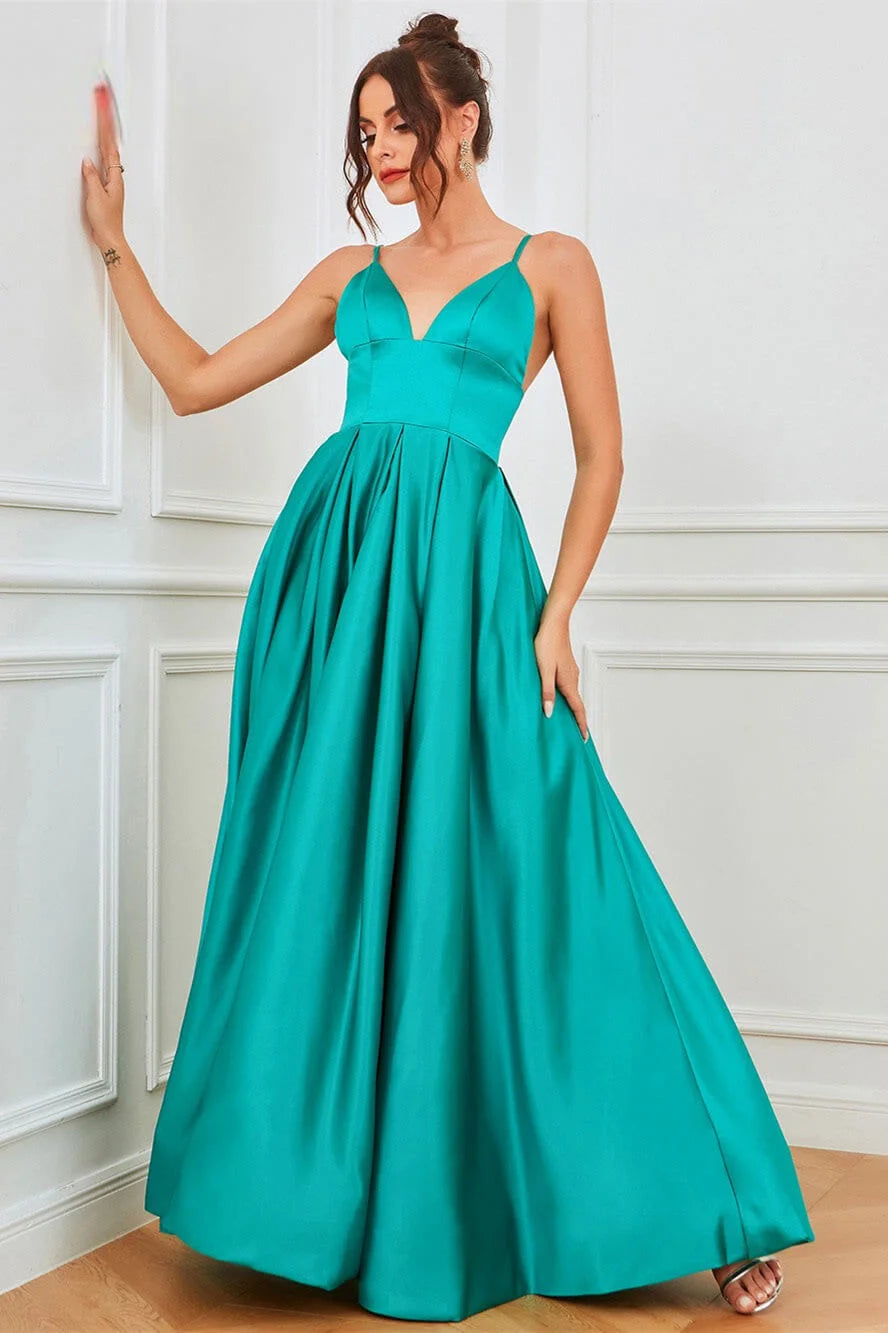 Gorgeous Spaghetti-Straps Sleeveless Evening Dress Long Slit With Pockets-BallBride