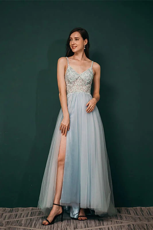 Gorgeous Spaghetti-Straps Tulle Evening Dress Long Split Open Back With Lace Appliques-BallBride