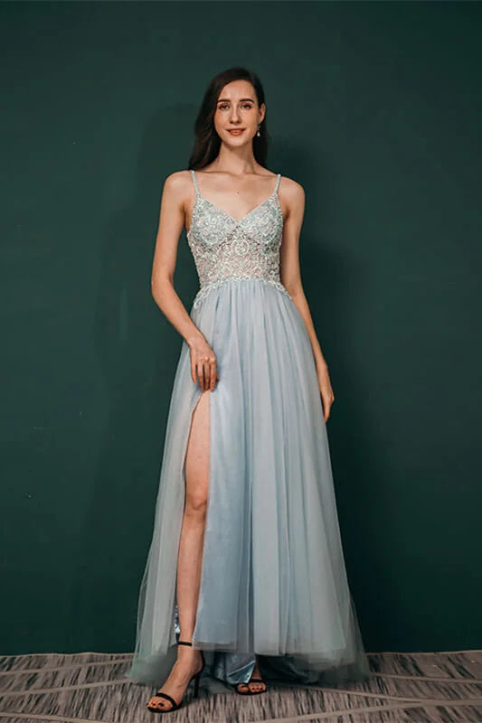 Gorgeous Spaghetti-Straps Tulle Evening Dress Long Split Open Back With Lace Appliques-BallBride