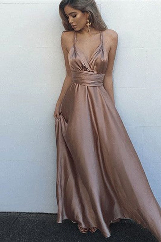 Gorgeous Spaghetti-Straps V-Neck Prom Dress: Sleeveless Long-BallBride