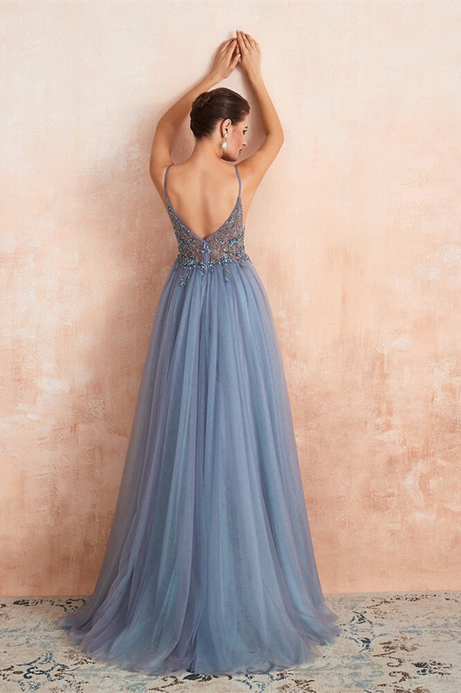 Gorgeous Spaghetti-Straps V-Neck Prom Dress with Beadings, Split Tulle, and Long Open Back-BallBride