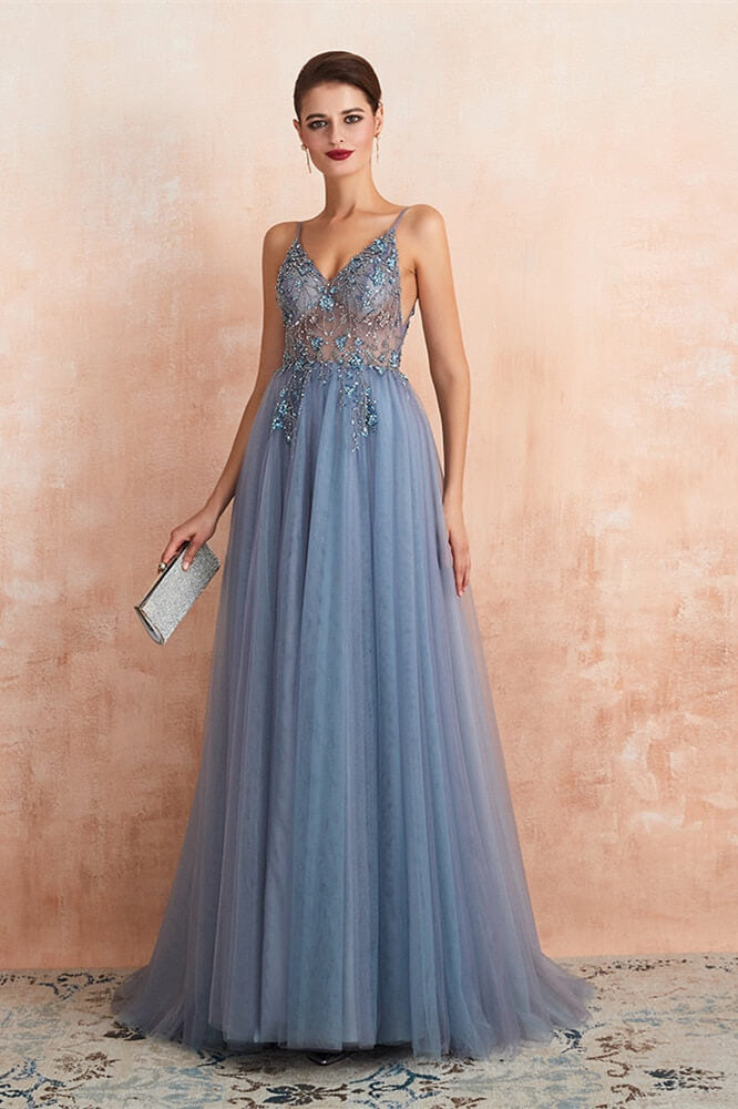 Gorgeous Spaghetti-Straps V-Neck Prom Dress with Beadings, Split Tulle, and Long Open Back-BallBride