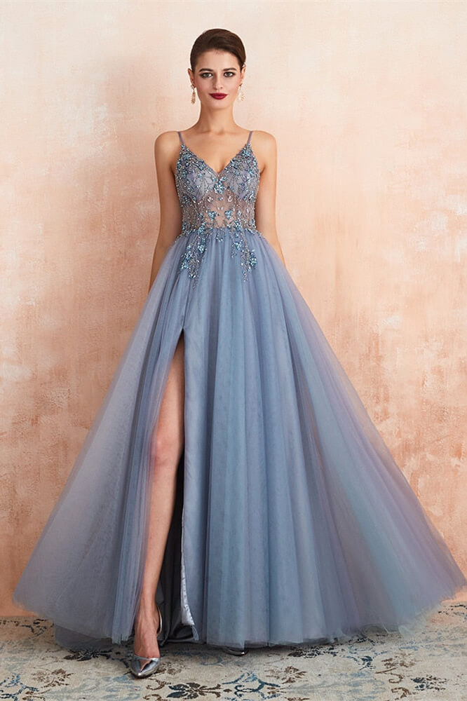 Gorgeous Spaghetti-Straps V-Neck Prom Dress with Beadings, Split Tulle, and Long Open Back-BallBride