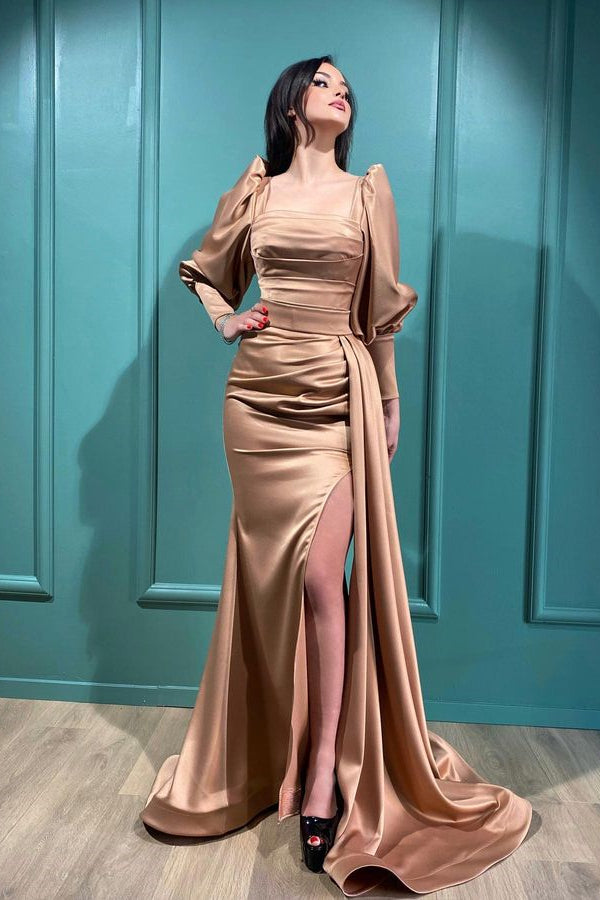 Gorgeous Square Bubble Prom Dress with Long Sleeves and Mermaid Slit, Ruffles Included-BallBride