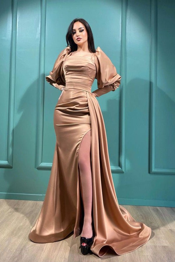 Gorgeous Square Bubble Prom Dress with Long Sleeves and Mermaid Slit, Ruffles Included-BallBride