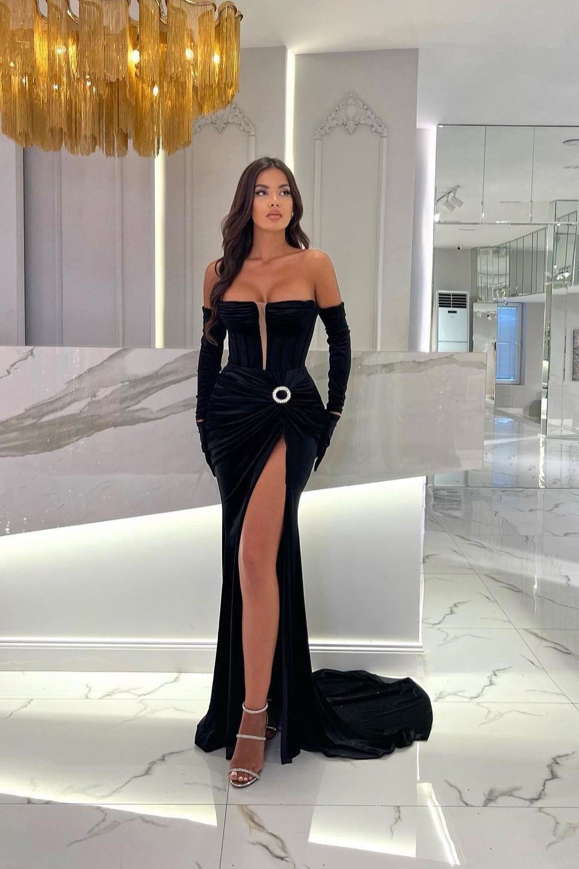 Gorgeous Strapless Mermaid Evening Dress with Pleats and Split - Black-BallBride