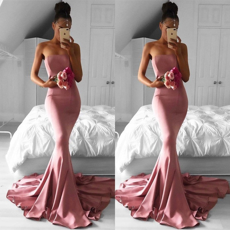 Gorgeous Strapless Pink Prom Dress Long Mermaid Evening Party Gown-BallBride