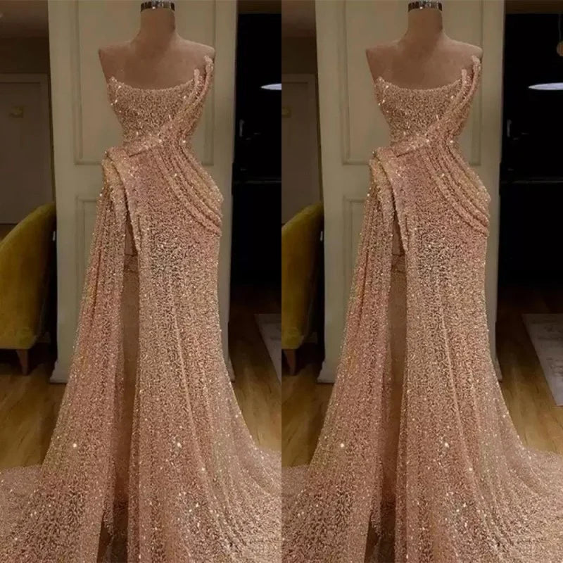 Gorgeous Strapless Sequins Prom Dress Long Evening Party Gowns With Slit-BallBride