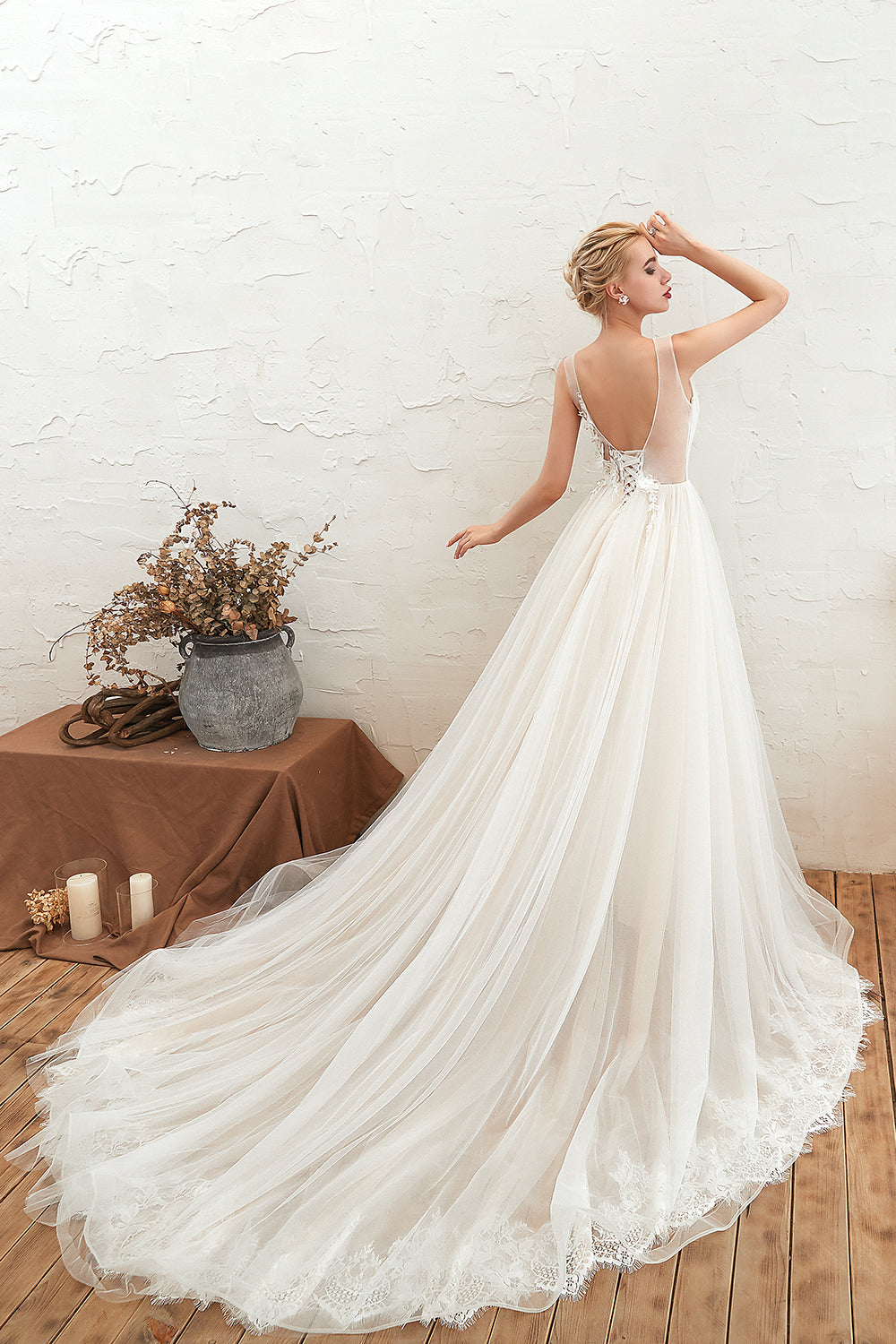 Gorgeous Straps Deep V-Neck Wedding Dress with Tulle-BallBride