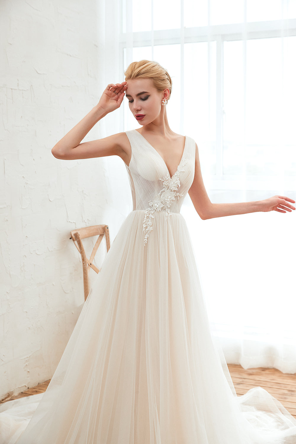 Gorgeous Straps Deep V-Neck Wedding Dress with Tulle-BallBride