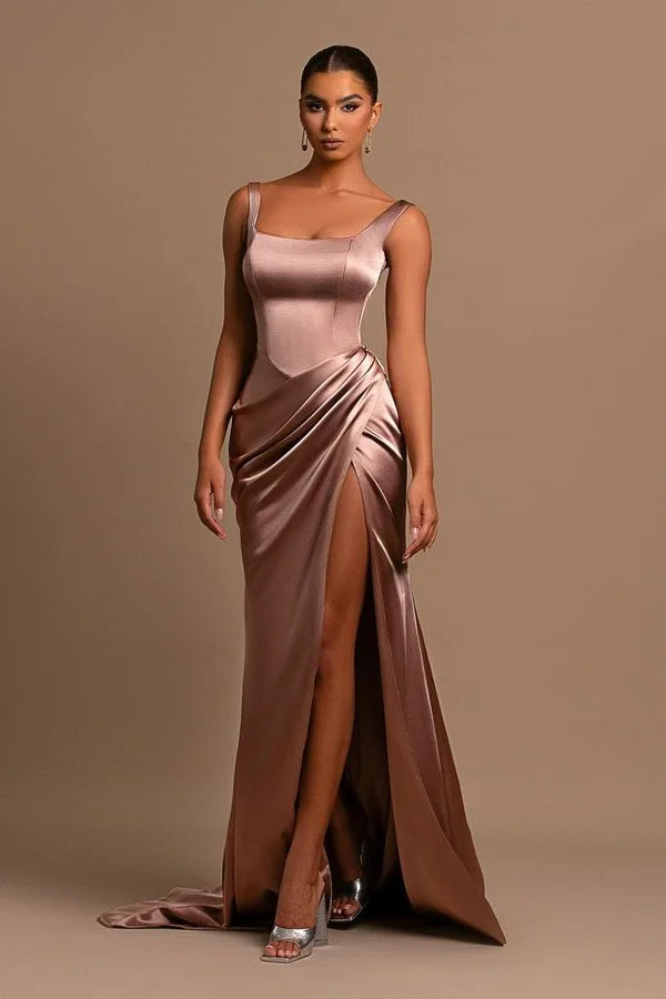 Gorgeous Straps Square Mermaid Evening Dresses Sleeveless Split Long With Pleats-BallBride