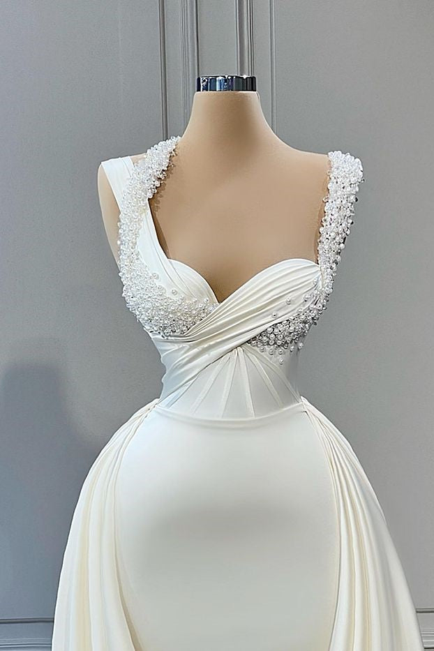 Gorgeous Straps Sweetheart Mermaid Wedding Gowns with Pearls Overskirt-BallBride