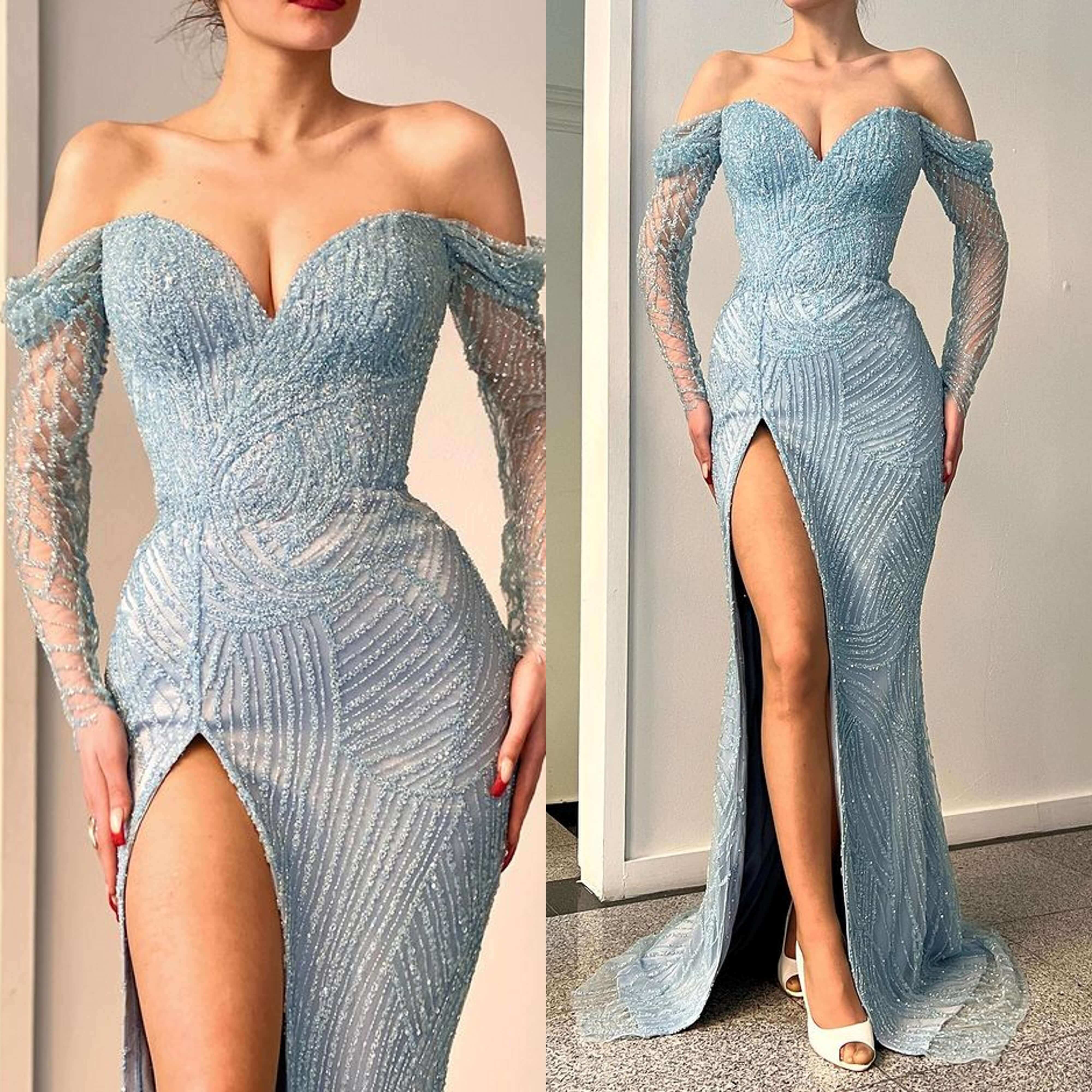 Gorgeous Sweetheart Mermaid Evening Dress with Beadings and Off-the-shoulder Long Sleeves-BallBride