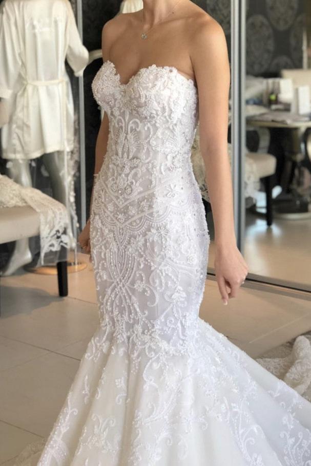 Gorgeous Sweetheart Mermaid Wedding Dress with Appliques Lace and Backless-BallBride