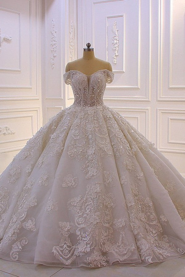 Gorgeous Sweetheart Off-the-Shoulder Backless Wedding Dress with Appliques Lace Ruffles and Tulle-BallBride