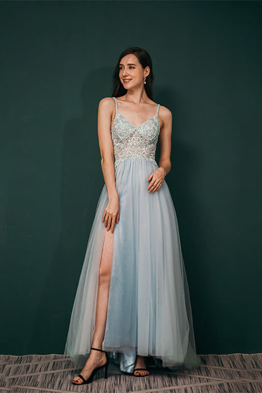 Gorgeous Tulle Evening Dress with Spaghetti-Straps & Lace Appliques-BallBride