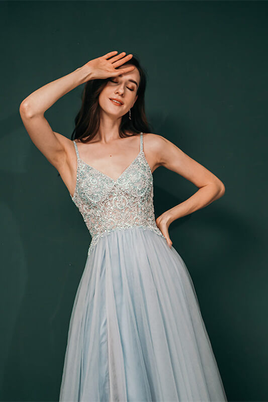 Gorgeous Tulle Evening Dress with Spaghetti-Straps & Lace Appliques-BallBride