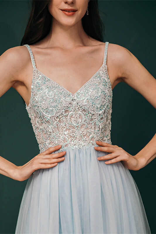 Gorgeous Tulle Evening Dress with Spaghetti-Straps & Lace Appliques-BallBride
