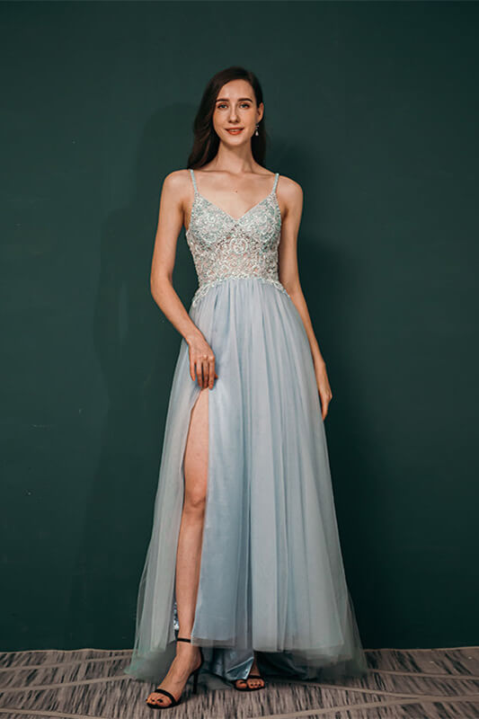 Gorgeous Tulle Evening Dress with Spaghetti-Straps & Lace Appliques-BallBride