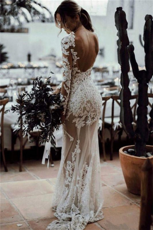 Gorgeous Tulle Lace Appliques Wedding Dress with Column Long Sleeves and Backless Mermaid Style-BallBride
