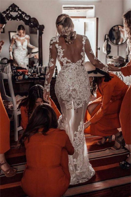 Gorgeous Tulle Lace Appliques Wedding Dress with Column Long Sleeves and Backless Mermaid Style-BallBride