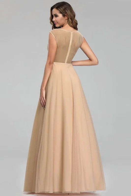 Gorgeous Tulle Prom Dresses Scoop Long Evening Gowns With Crystals-BallBride