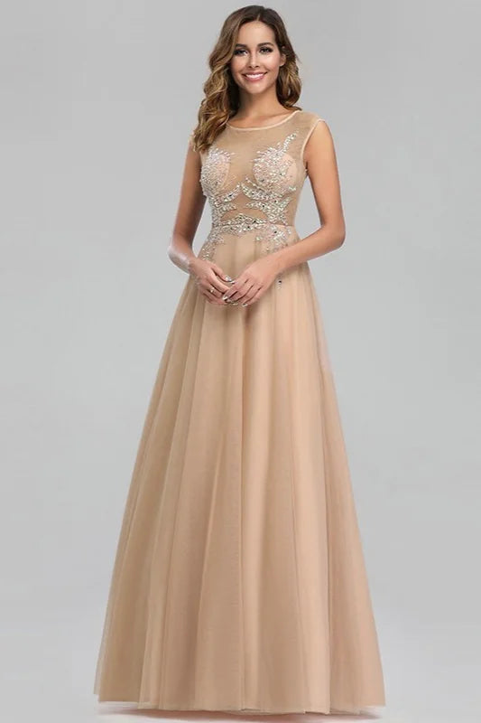 Gorgeous Tulle Prom Dresses Scoop Long Evening Gowns With Crystals-BallBride