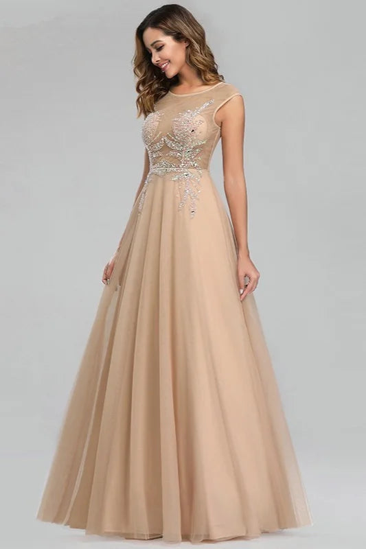 Gorgeous Tulle Prom Dresses Scoop Long Evening Gowns With Crystals-BallBride