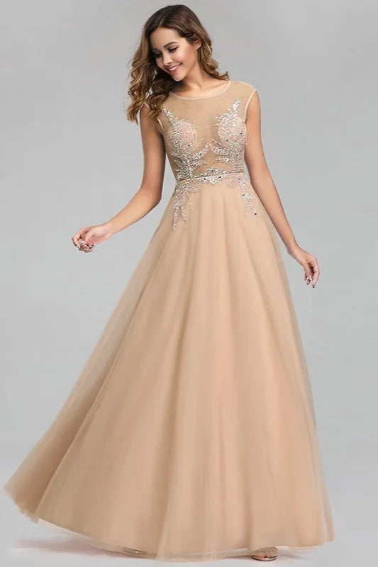 Gorgeous Tulle Prom Dresses Scoop Long Evening Gowns With Crystals-BallBride