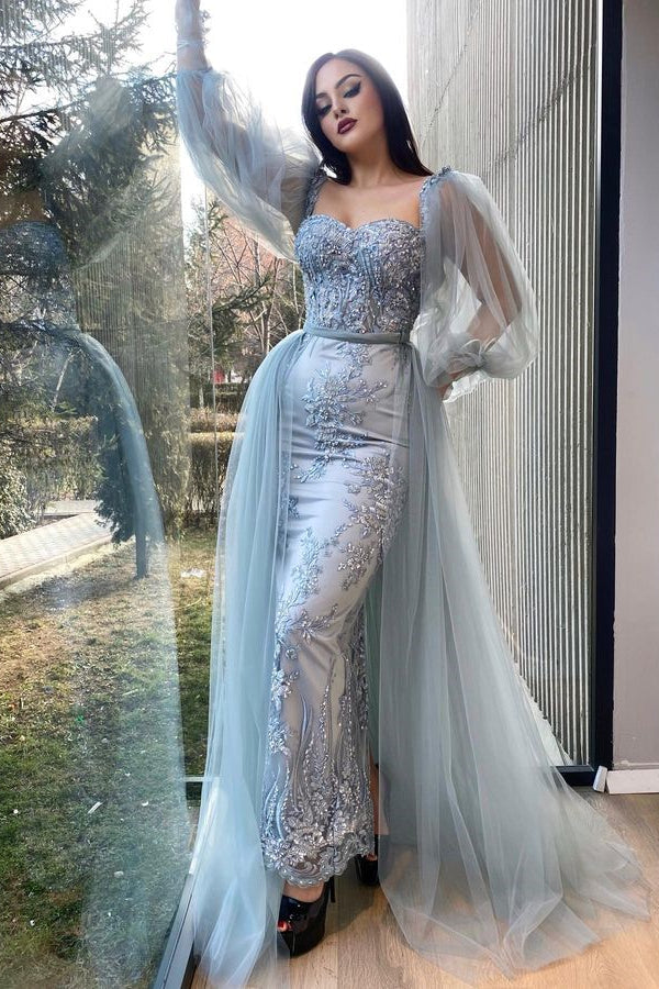 Gorgeous Tulle Sheer Long Sleeves Mermaid Evening Gown Sweetheart with Appliques Overskirt-BallBride