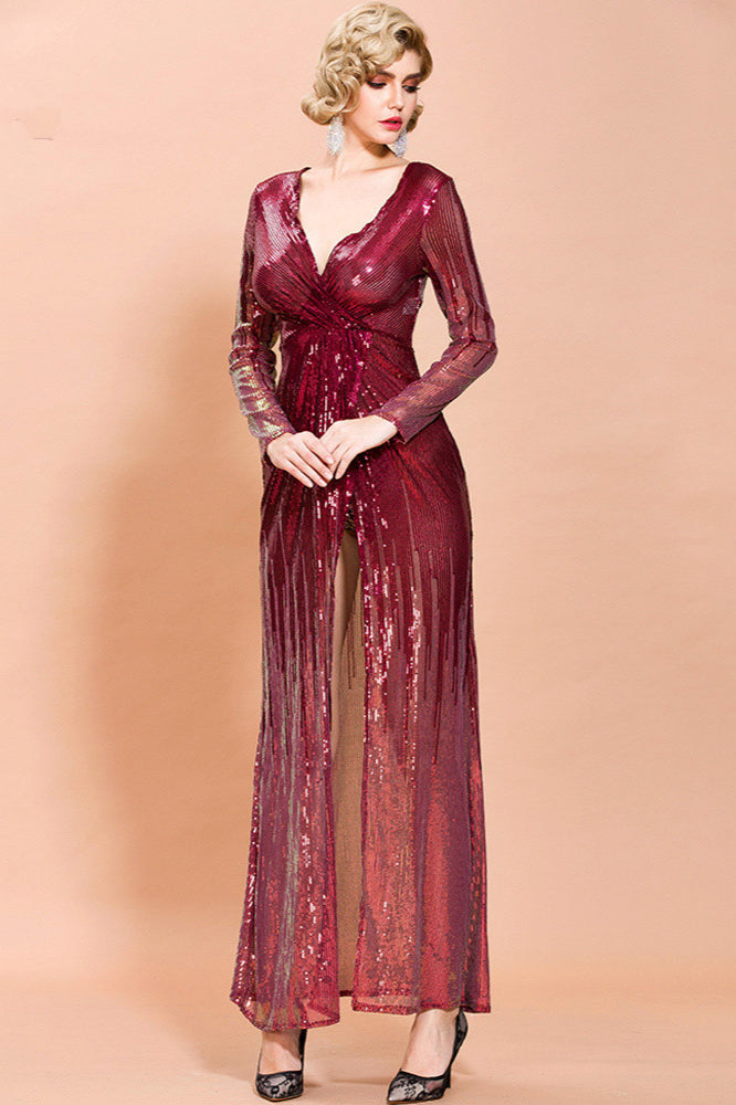 Gorgeous V-Neck Burgundy Sequins Prom Dress Online with Long Sleeves Front Split-BallBride